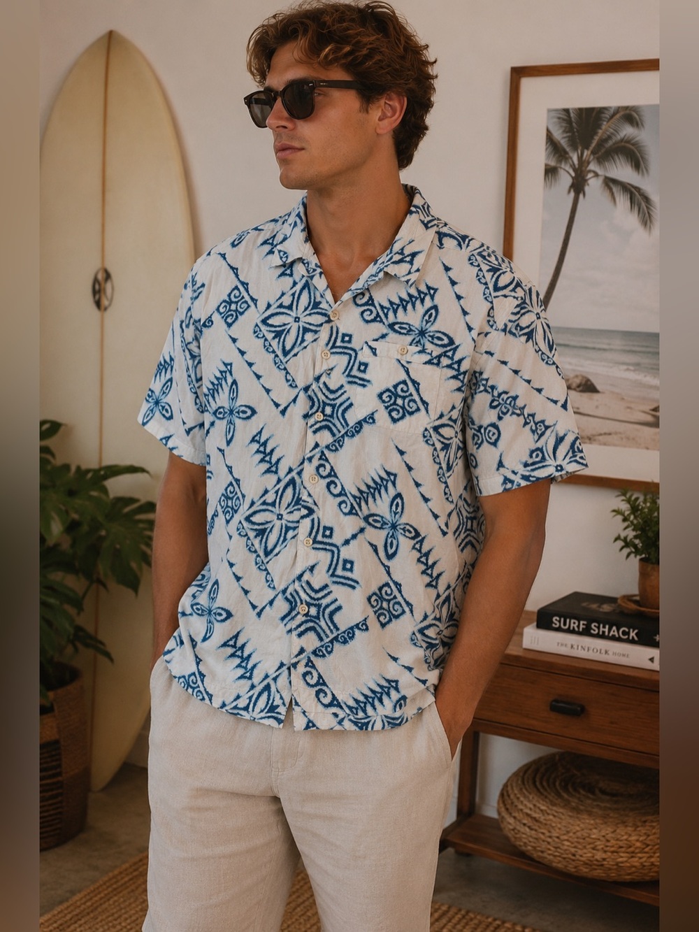 Quiksilver Blue and Cream Short-Sleeve Button-Down Shirt
